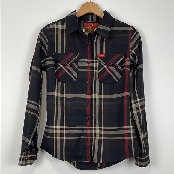 Dixxon Women’s Small Shirt Black Red Plaid Button Front Long Sleeve Collar - Picture 1 of 9